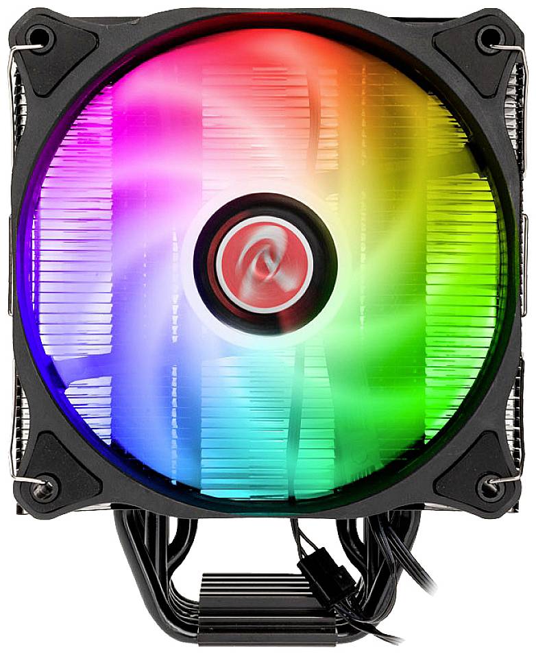 Počítačový ventilátor s RGB LED diodami, které svítí v barvách duhy, je namontován v obdélníkovém kovovém pouzdře.