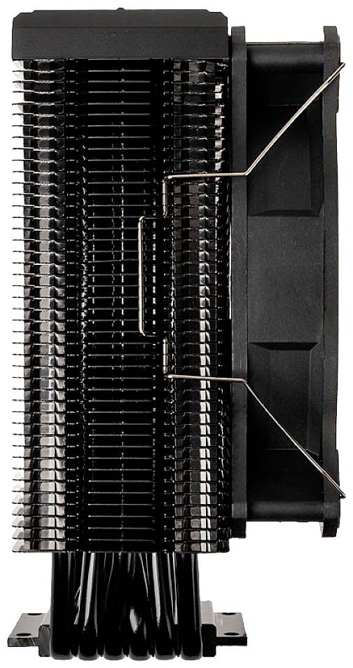 Černý chladič CPU s vertikálními chladicími žebry a ventilátorem, který slouží k odvodu tepla pro počítačové procesory.