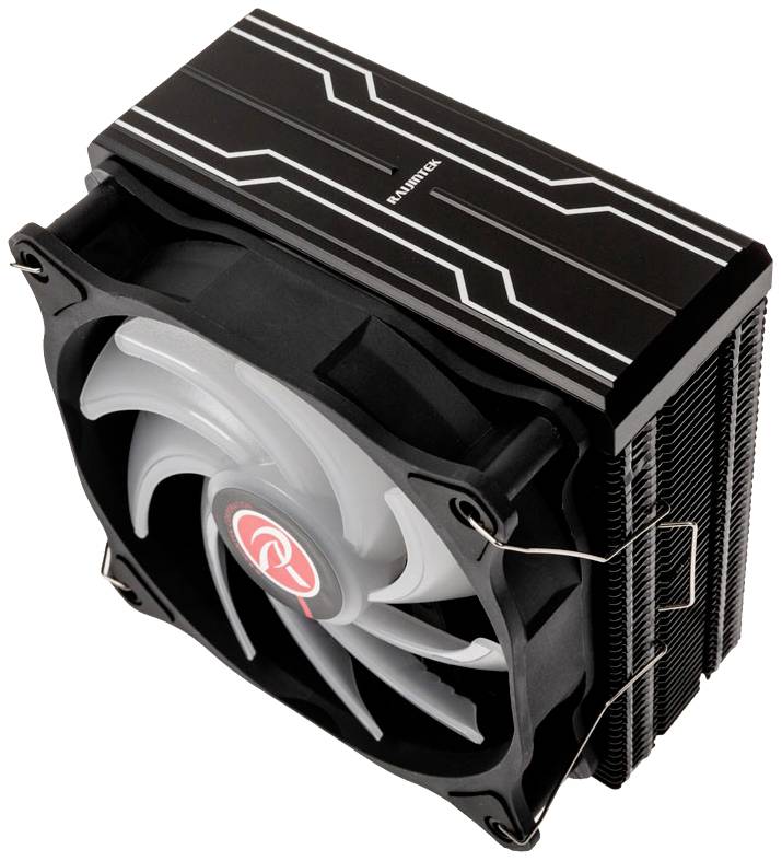Chladič CPU s černým chladičem a velkým ventilátorem. Ventilátor má bílé lopatky a červené logo uprostřed.
