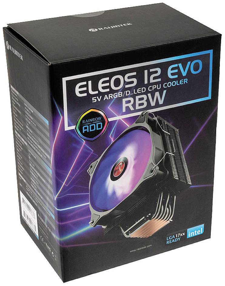 Balení CPU chladiče Raijintek ELEOS 12 EVO s ARGB podsvícením, kompatibilního s Intel sockety, zobrazené před futuristickým pozadím.