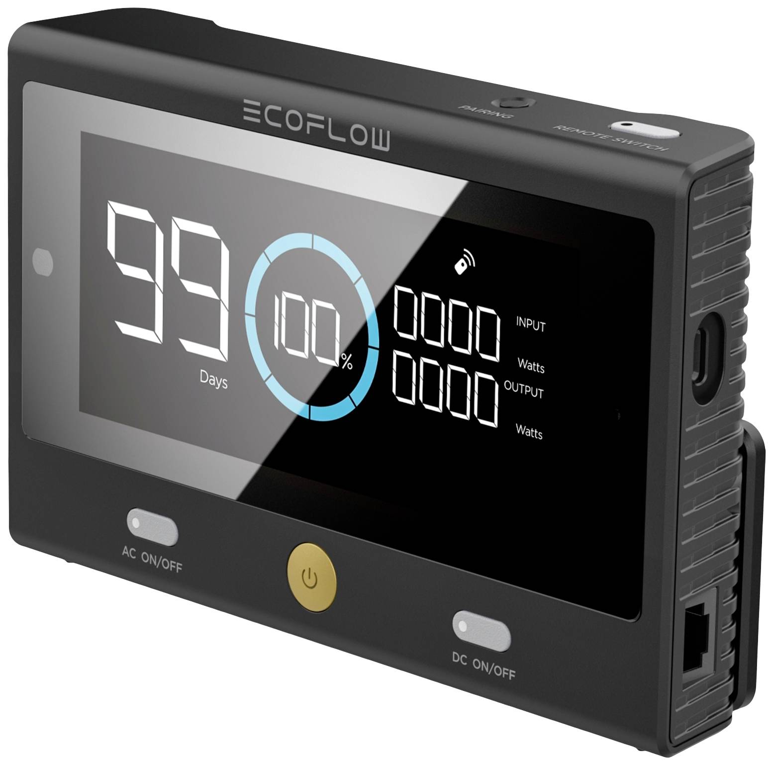 Černý ovládací panel EcoFlow s digitálním displejem, zobrazující '99 dnů' a '100%'. Tlačítka pro AC a DC, vypínač uprostřed.