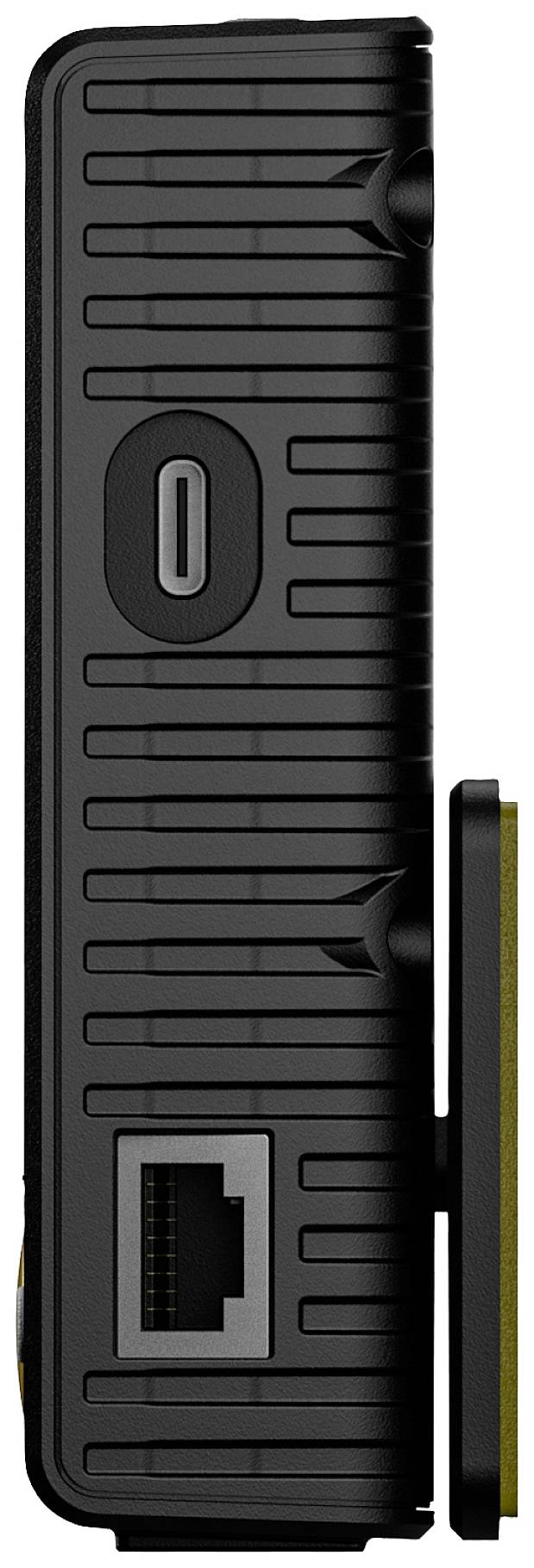 Boční pohled na černé elektronické zařízení obdélníkového tvaru s USB-C portem a ethernetovým konektorem.