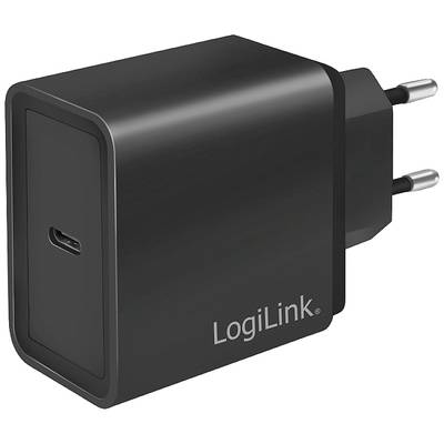 Černá USB-C nástěnná nabíječka od LogiLink se dvěma eurovidlicemi, vhodná pro rychlé nabíjení elektronických zařízení.