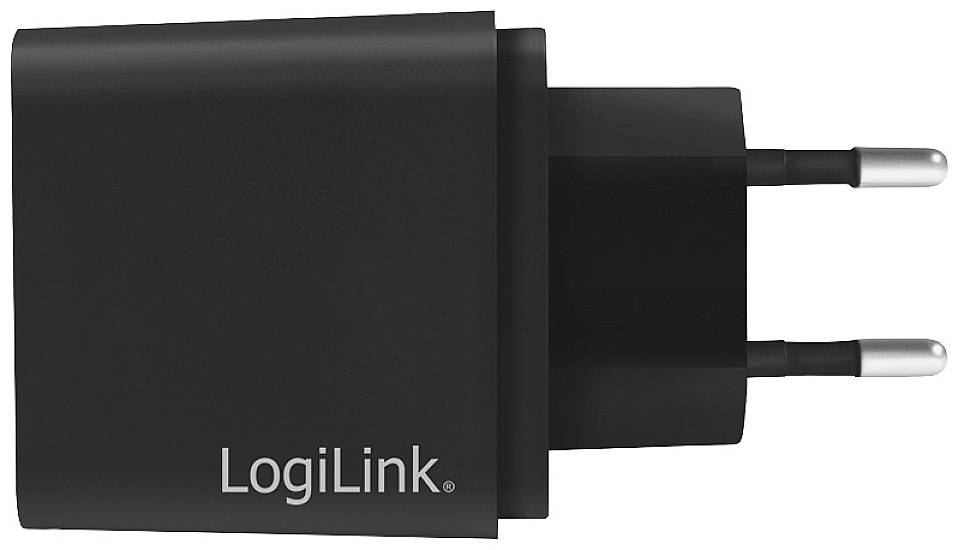 Černá USB nabíječka LogiLink se dvěma kolíky pro evropské zásuvky.