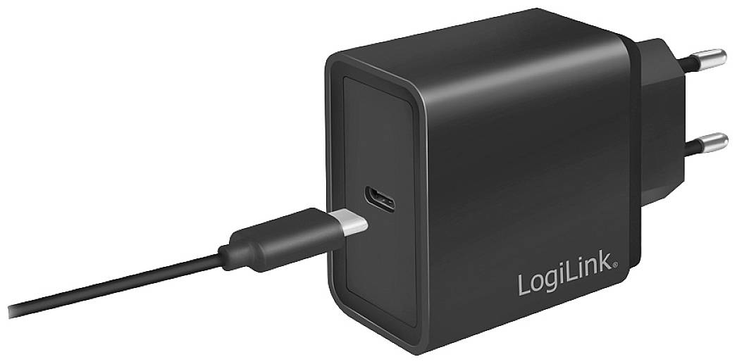 Černá USB nabíječka od LogiLinku s připojeným kabelem.