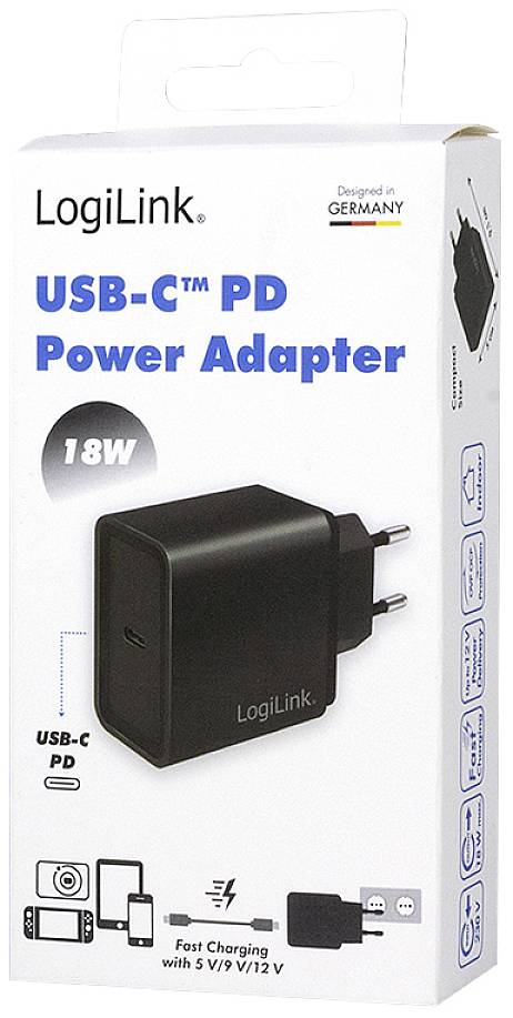 Nabíječka od LogiLinku, USB-C PD, 18W. Pro rychlé nabíjení s 5V/9V/12V. Balení zobrazuje ikony kompatibilních zařízení.