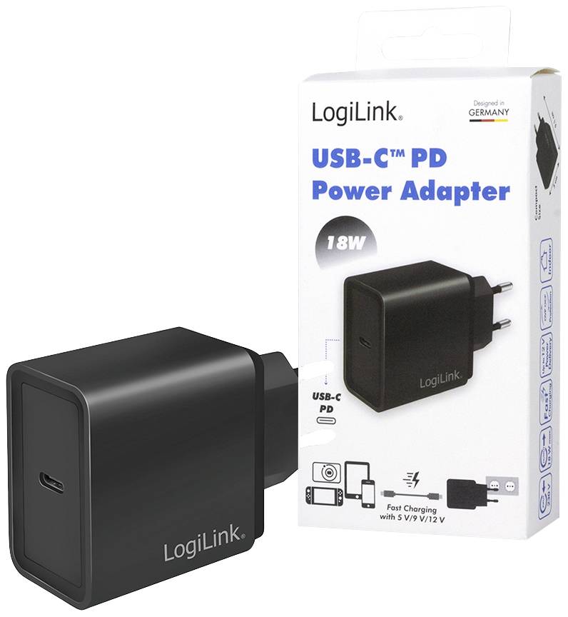 Černý síťový adaptér LogiLink USB-C PD s 18 W na obalu. Text 'Rychlé nabíjení s 5V/9V/12V'. Navrženo v Německu.