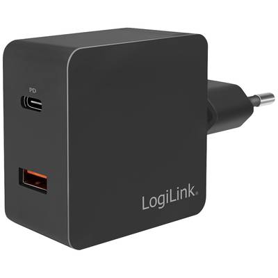 Černá nabíječka LogiLink s USB-A a USB-C porty. Vhodná pro současné nabíjení různých zařízení.