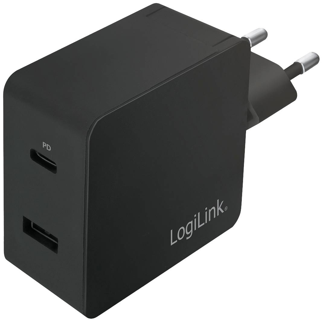 Černá nabíječka se dvěma USB porty a nápisem 'LogiLink', určená pro evropské elektrické zásuvky.