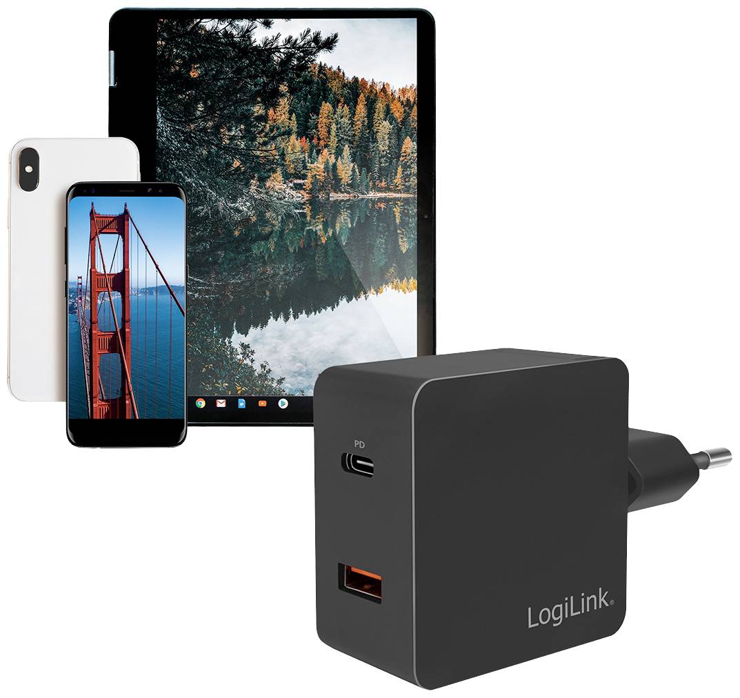 'Černá nabíječka LogiLink s USB portem je zobrazena. V pozadí jsou tablet a dva mobilní telefony.'