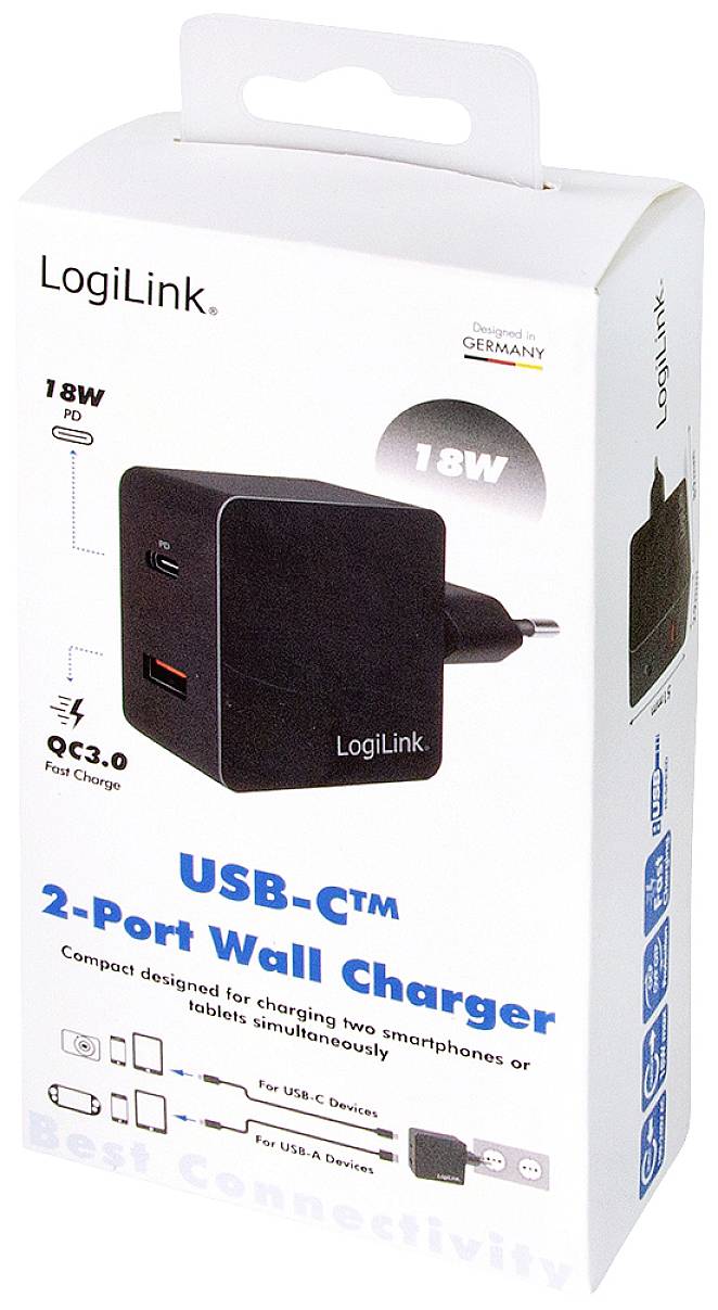 Bílý obal pro LogiLink USB-C™ nabíjecí adaptér se 2 porty, 18W, s obrázkem nabíjecího adaptéru a textem popisujícím nabíjecí funkce.