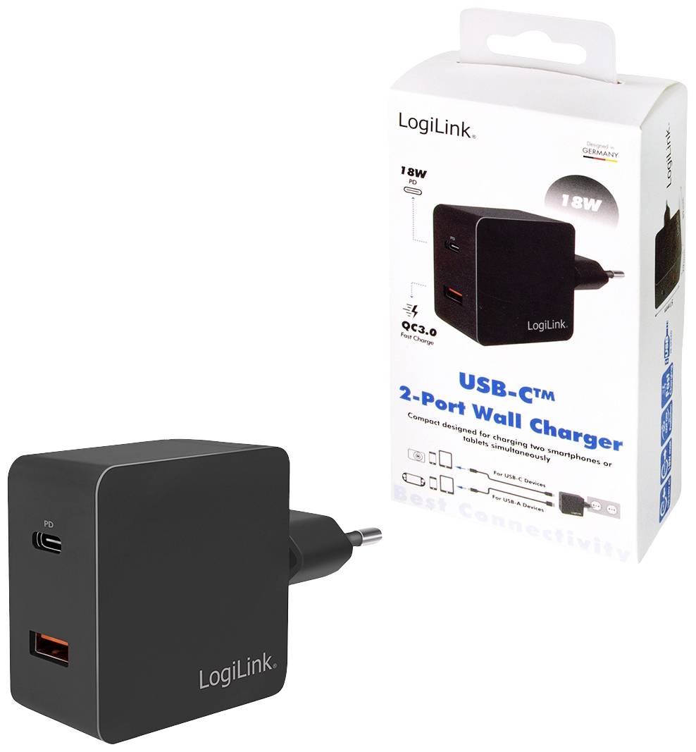 USB-C nabíječka se dvěma porty, jeden pro USB-C a jeden pro USB-A, s výkonem 18 W. Balení zobrazuje obrázek produktu a specifikace.