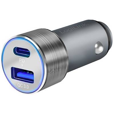 Stříbrný automobilový USB adaptér se dvěma porty, jedním USB-C a jedním USB-A. Na straně je nápis 'LogiLink'.