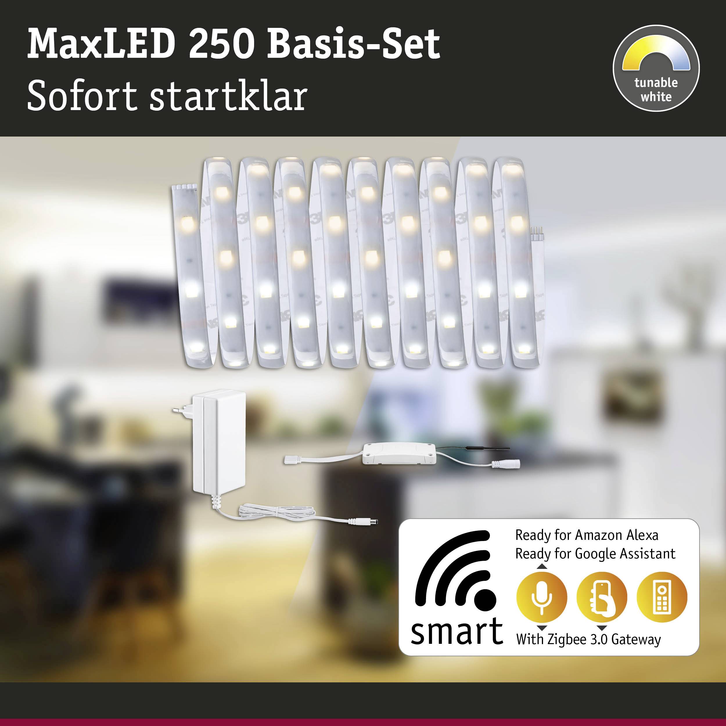 Základní sada MaxLED 250, okamžitě připravena k použití. Deset světelných pásků, kompatibilních s Amazon Alexou a Google Assistantem, včetně Zigbee 3.0 brány.