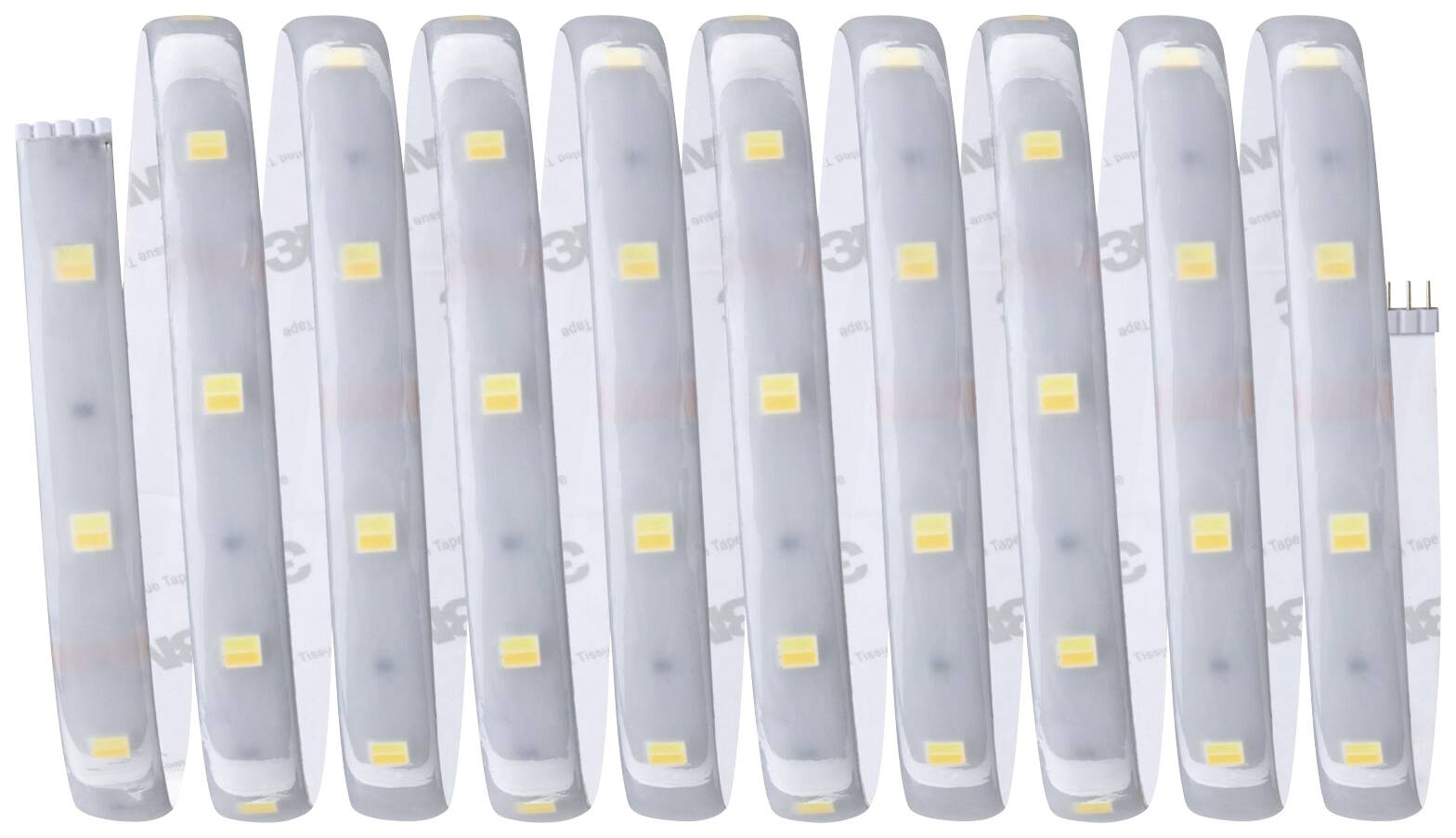 Dvanáct LED pásků vedle sebe, osvětlených v pravidelném pořadí, ukazuje rozmístění LED světel.