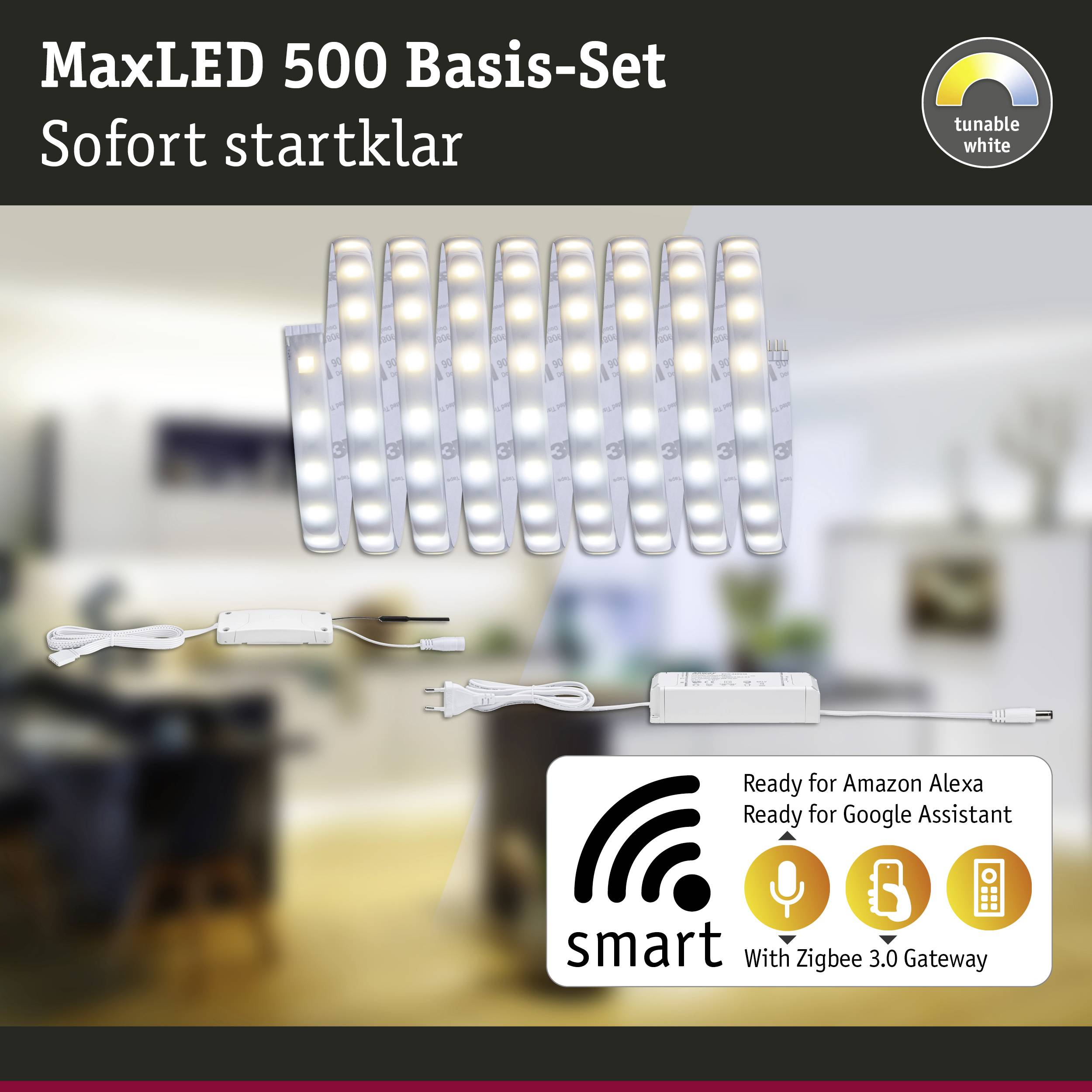 MaxLED 500 základní sada: LED pásek osvětluje místnost. Text 'Okamžitě připraveno k použití'. Kompatibilní s Amazon Alexou a Google Assistantem.
