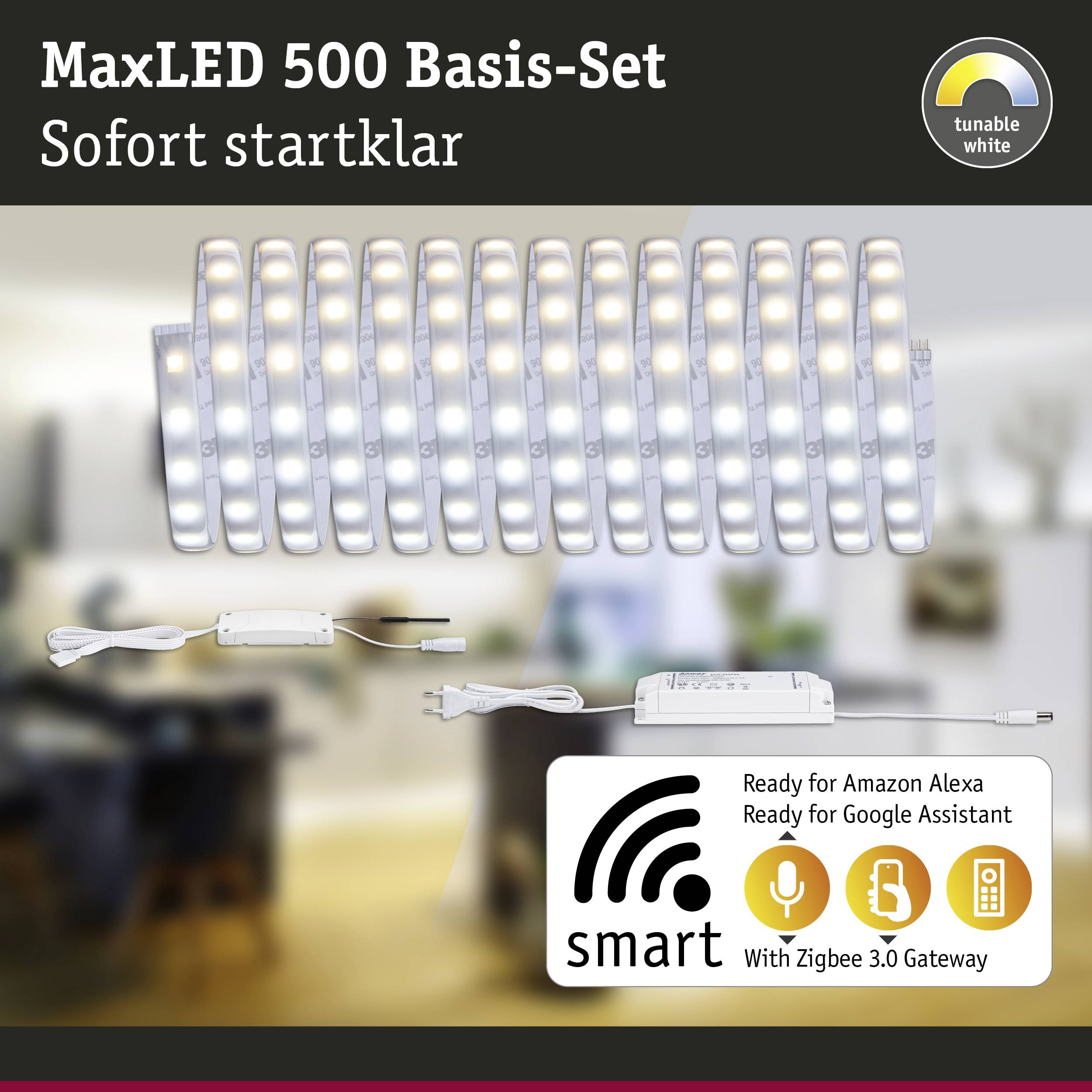 MaxLED 500 základní sada, ihned připravena k použití. Obsahuje LED pásek a příslušenství. Kompatibilní s Alexou, Google Assistantem a Zigbee 3.0.