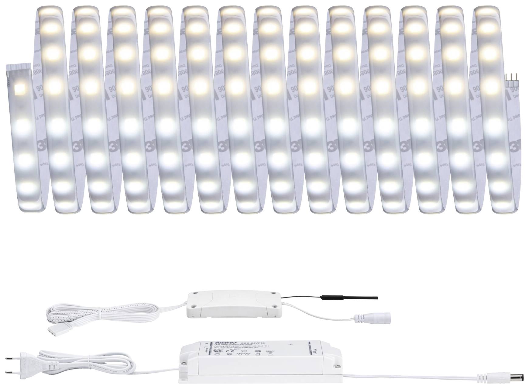 LED světelná lišta s několika svítícími segmenty. Obsahuje připojovací kabel a řídicí jednotku. Energeticky úsporné osvětlení.