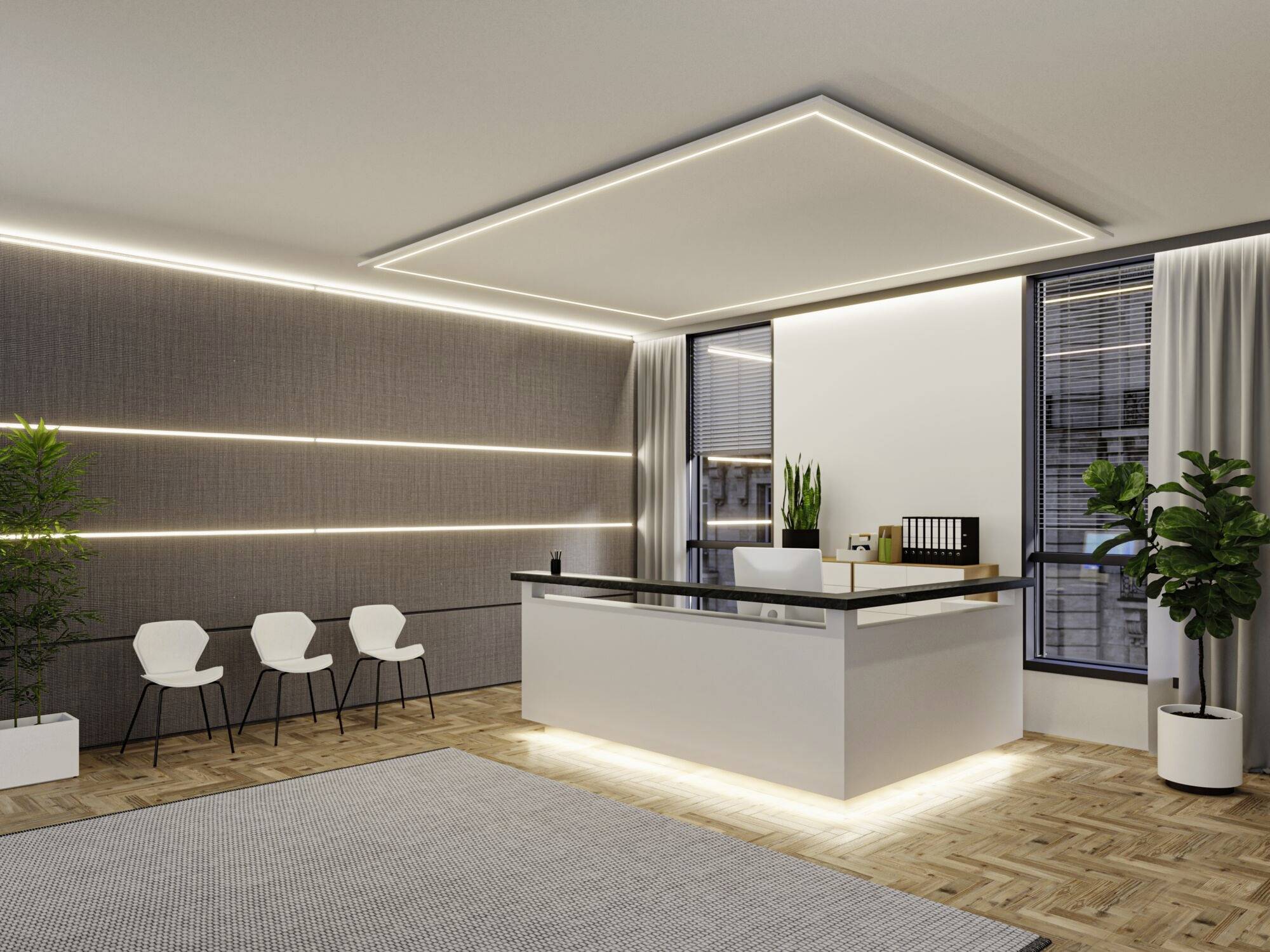 Moderní recepce s elegantním pultem, nenápadnými LED pásky na stěnách a pokojovými rostlinami, dřevěnou podlahou a kobercem.