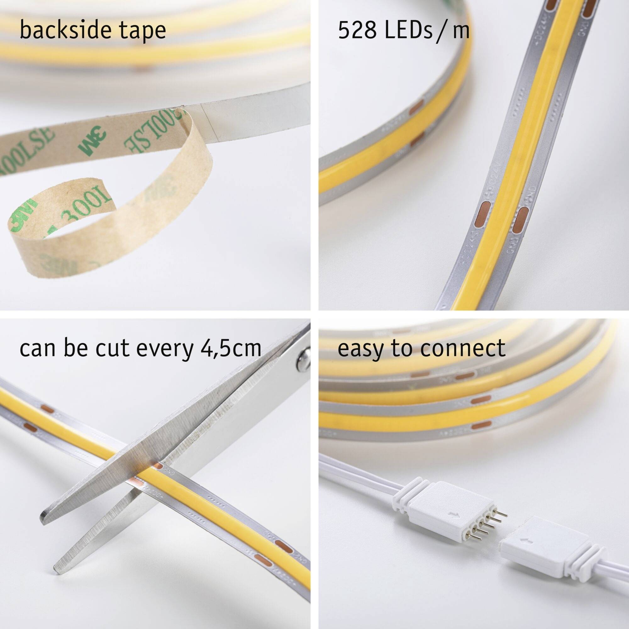 'LED pásek s oboustrannou lepicí páskou, 528 LED/m. Lze stříhat po 4,5 cm. Snadné propojení pomocí konektorů.'