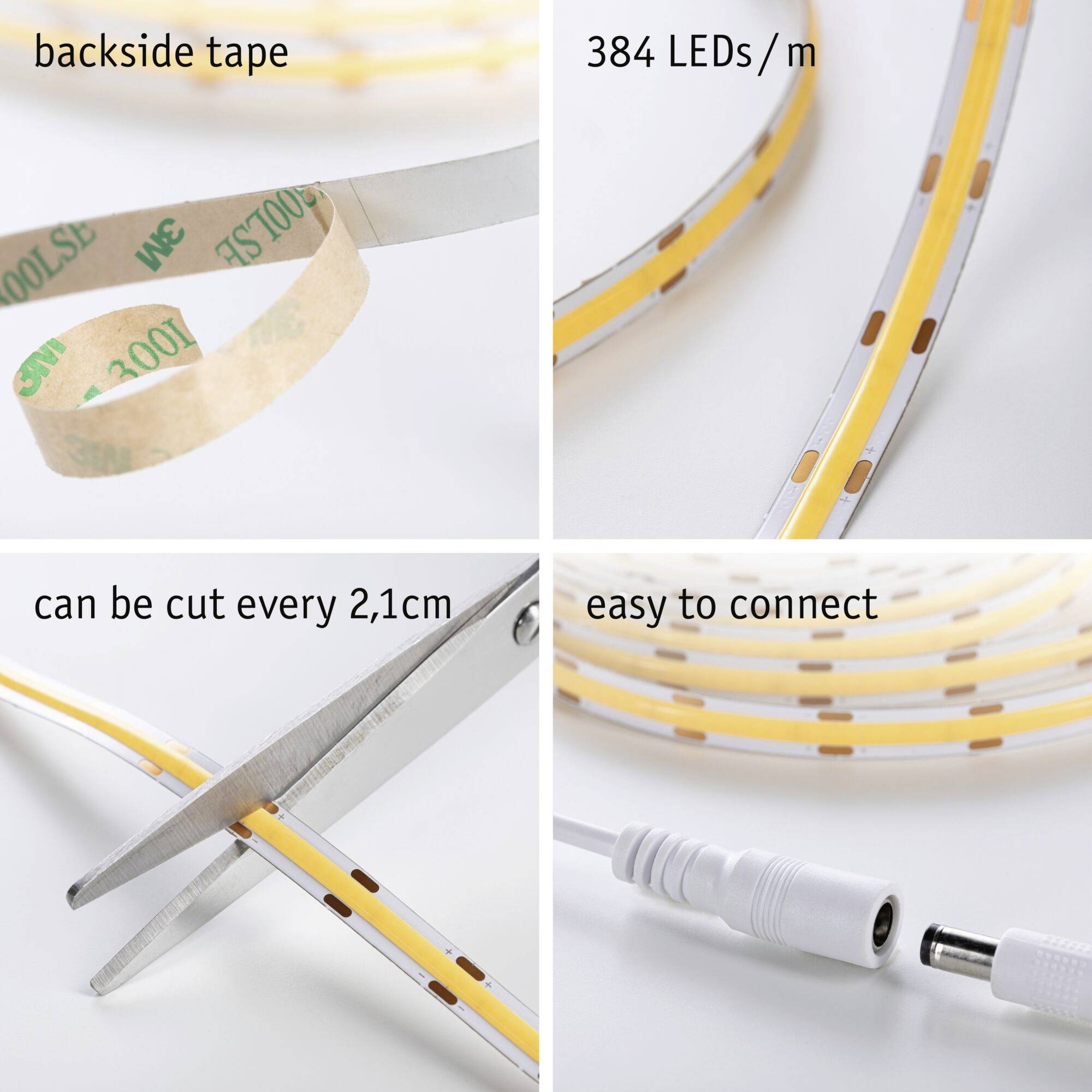 LED pásek s lepicí páskou na zadní straně, 384 LED na metr, dělitelný po 2,1 cm, snadno propojitelný pomocí konektoru.