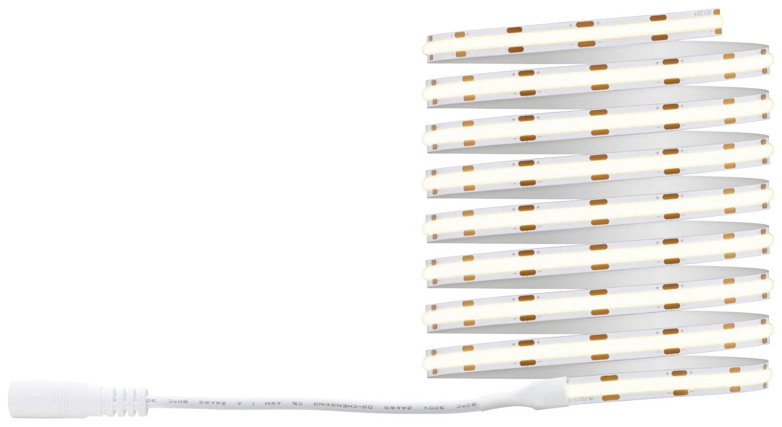 Flexibilní LED světelný pás s bílými a oranžovými pruhy, připevněný na kabelu. Ideální pro akcentní osvětlení.