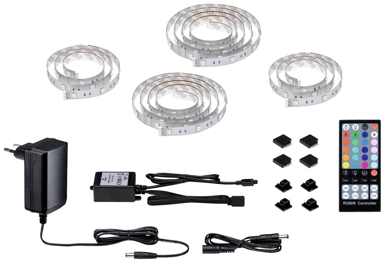 LED pásek se sadou včetně dálkového ovládání a napájecího zdroje, vhodný pro kreativní osvětlení. Obsahuje tři role se řídicí jednotkou a příslušenstvím.