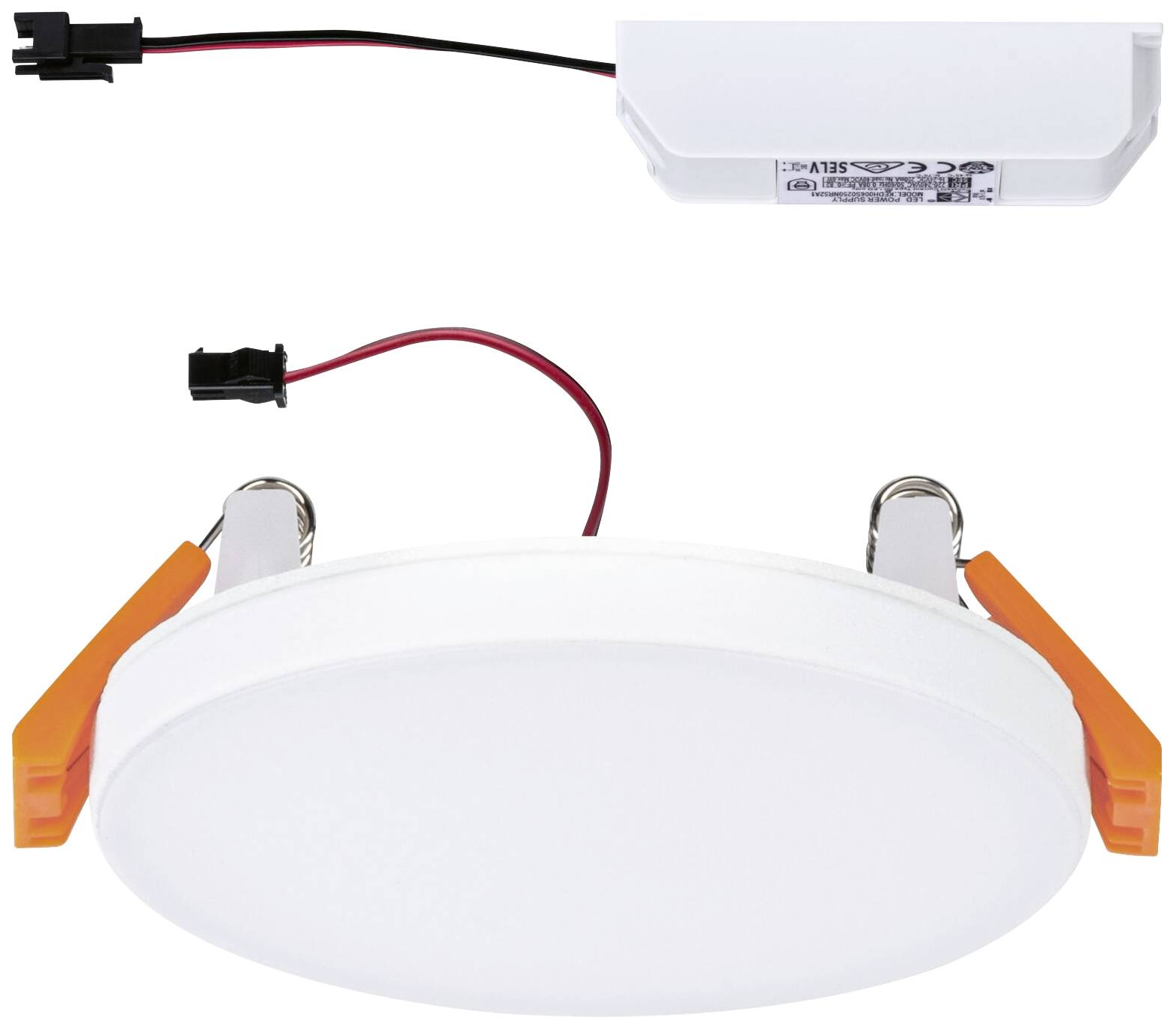 Kulatá LED vestavná svítidla s bílým difuzorem a oranžovými sponkami, připojená k externímu napájení černým kabelem.