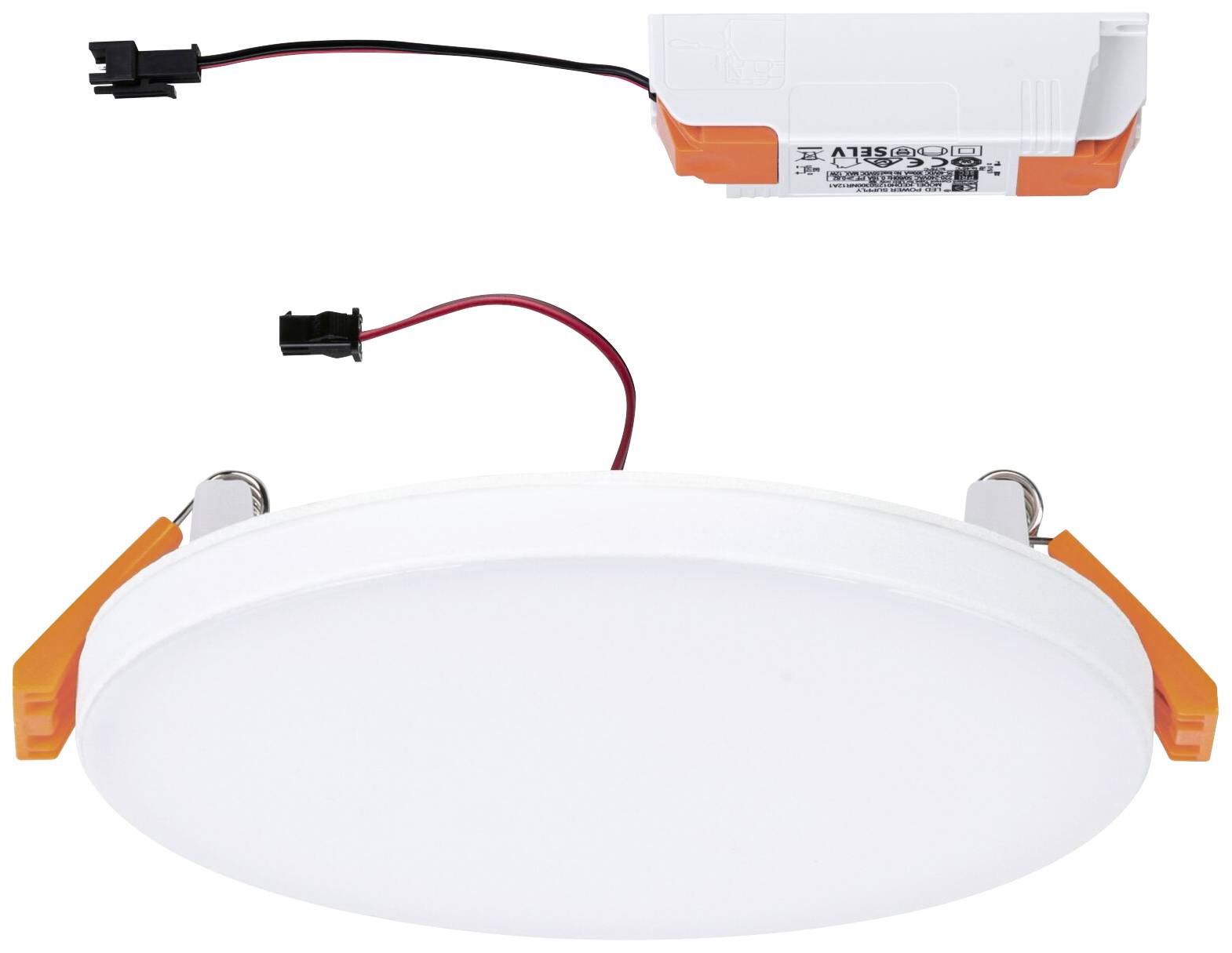 Kulatá LED stropní svítidlo s bílým difuzorem a oranžovými úchyty. Elektrický napájecí kabel je viditelný.