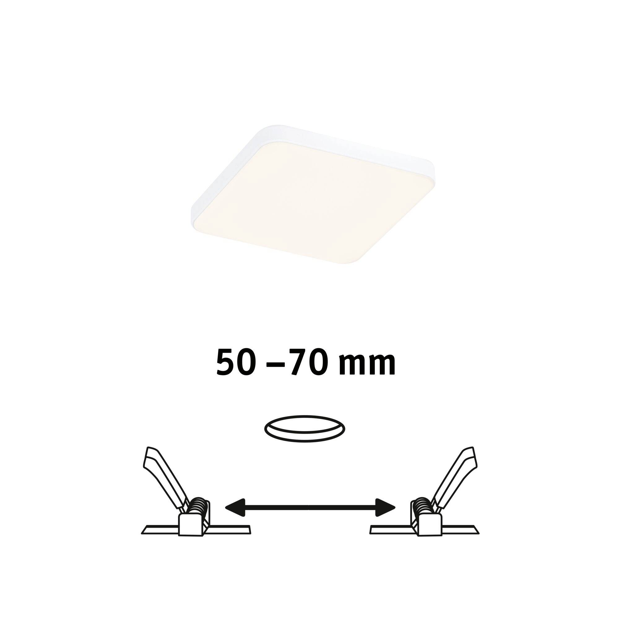 Čtvercové stropní svítidlo, pod ním diagram: návod k instalaci s minimální vzdáleností 50 až 70 mm.