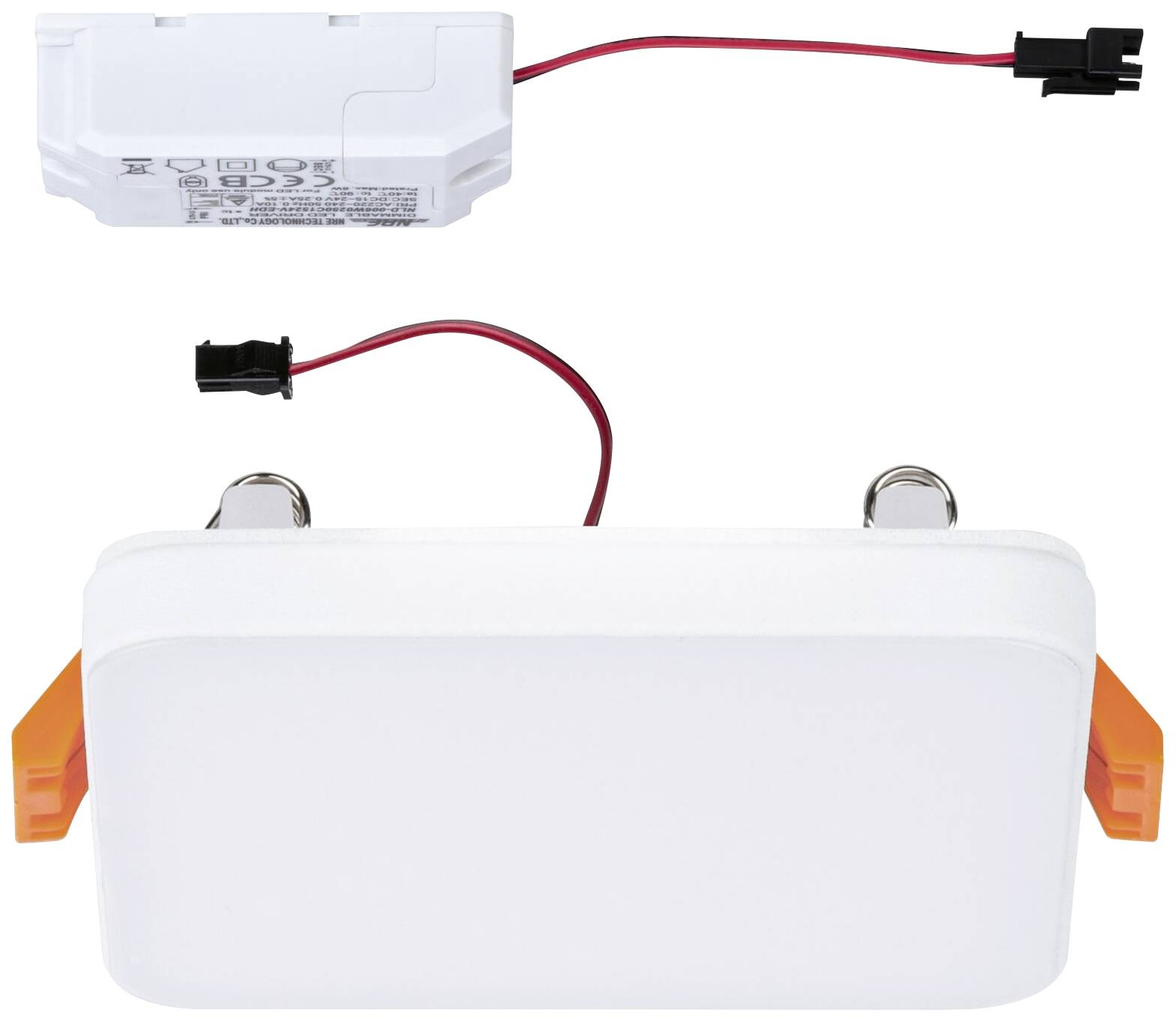 Obdélníkový modul vestavěného LED osvětlení s bílými a oranžovými prvky, propojený malým bílým obdélníkovým napájecím adaptérem.