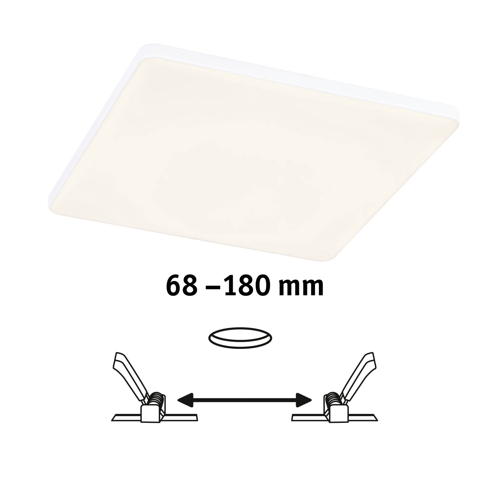Čtvercové bílé stropní svítidlo s nastavitelným montážním rozsahem od 68 do 180 mm, včetně montážního diagramu níže.