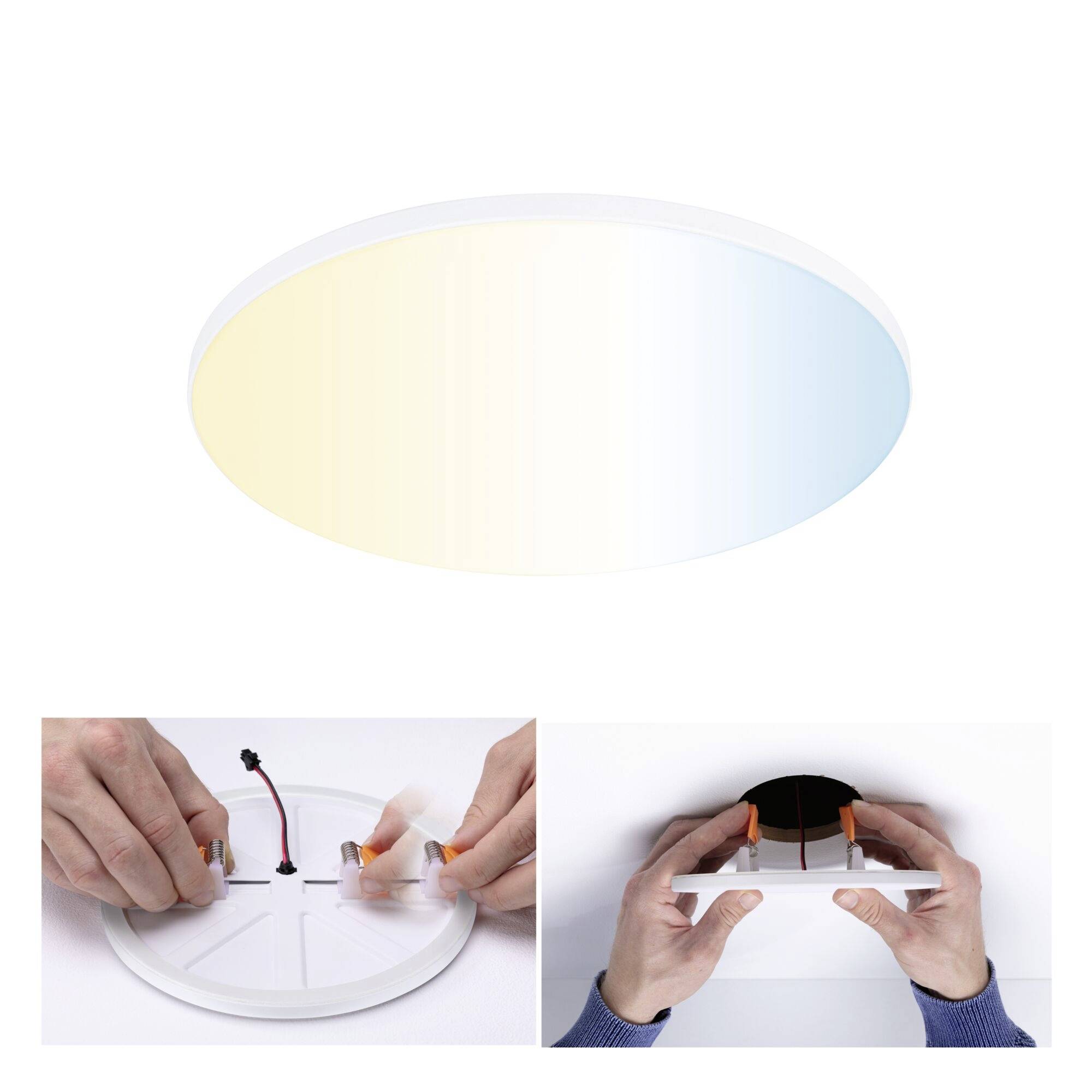 LED stropní svítidlo: horní pohled ukazuje barevnou změnu od teplé po studenou; spodní obrázky znázorňují jednoduchou montáž pomocí nacvaknutí.
