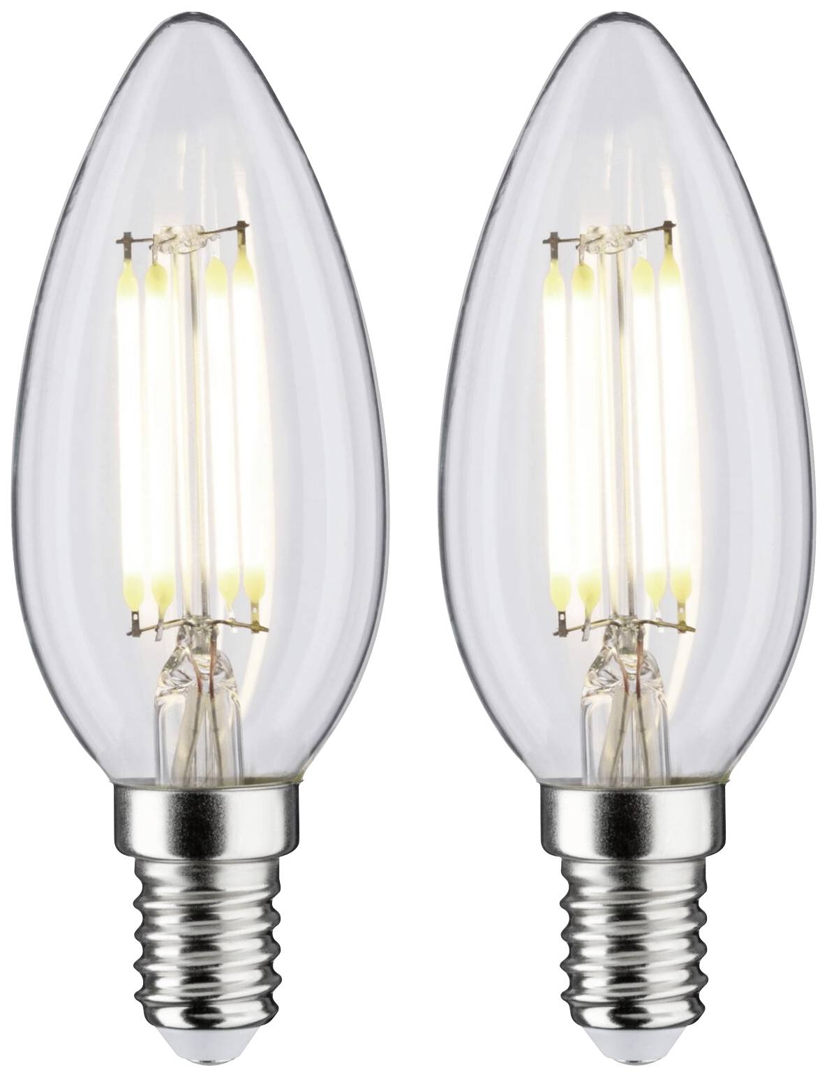 Dvě LED žárovky s paticí E14 a čirým skleněným tělem, které osvětlují teplým bílým světlem, jsou ideální pro dekorativní osvětlení.