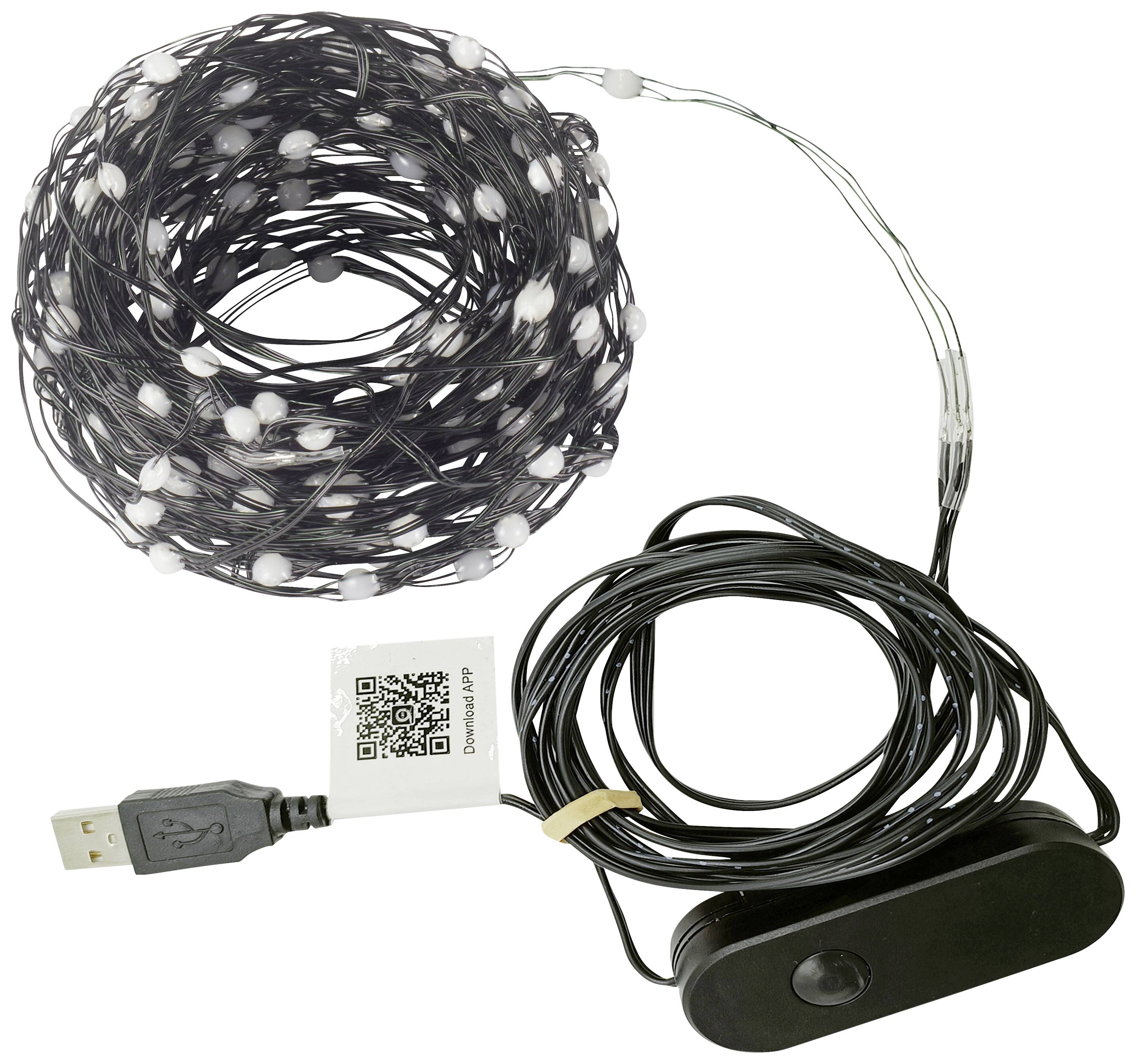 Světelný řetěz s USB konektorem a dálkovým ovládáním. Kabel je navinutý s bílými LED světly, ideální pro dekorace.