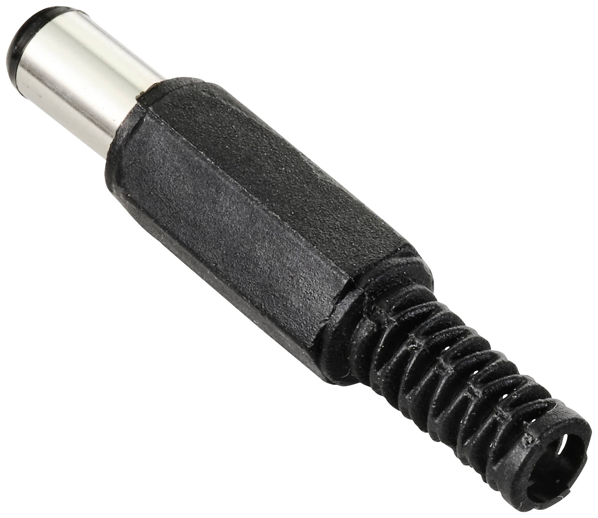 Černý a stříbrný DC napájecí konektor, často používaný pro elektronická zařízení.