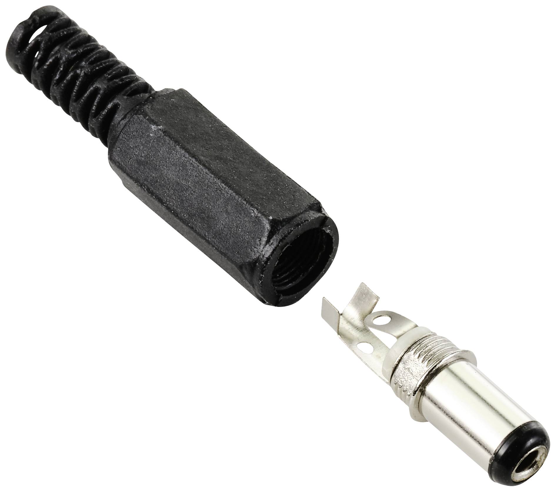 3,5mm jack konektor s černým plastovým pouzdrem, ležící vedle kovové zásuvky.