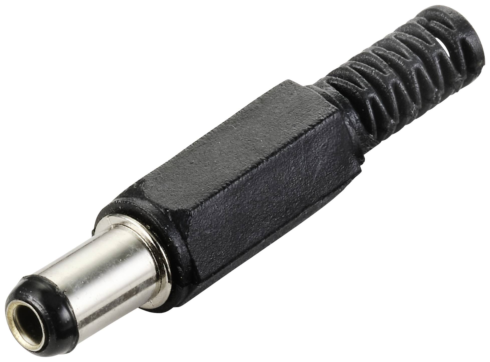 Černý a stříbrný DC konektor s flexibilní kabelovou ochranou, často používaný pro připojení elektronických zařízení.