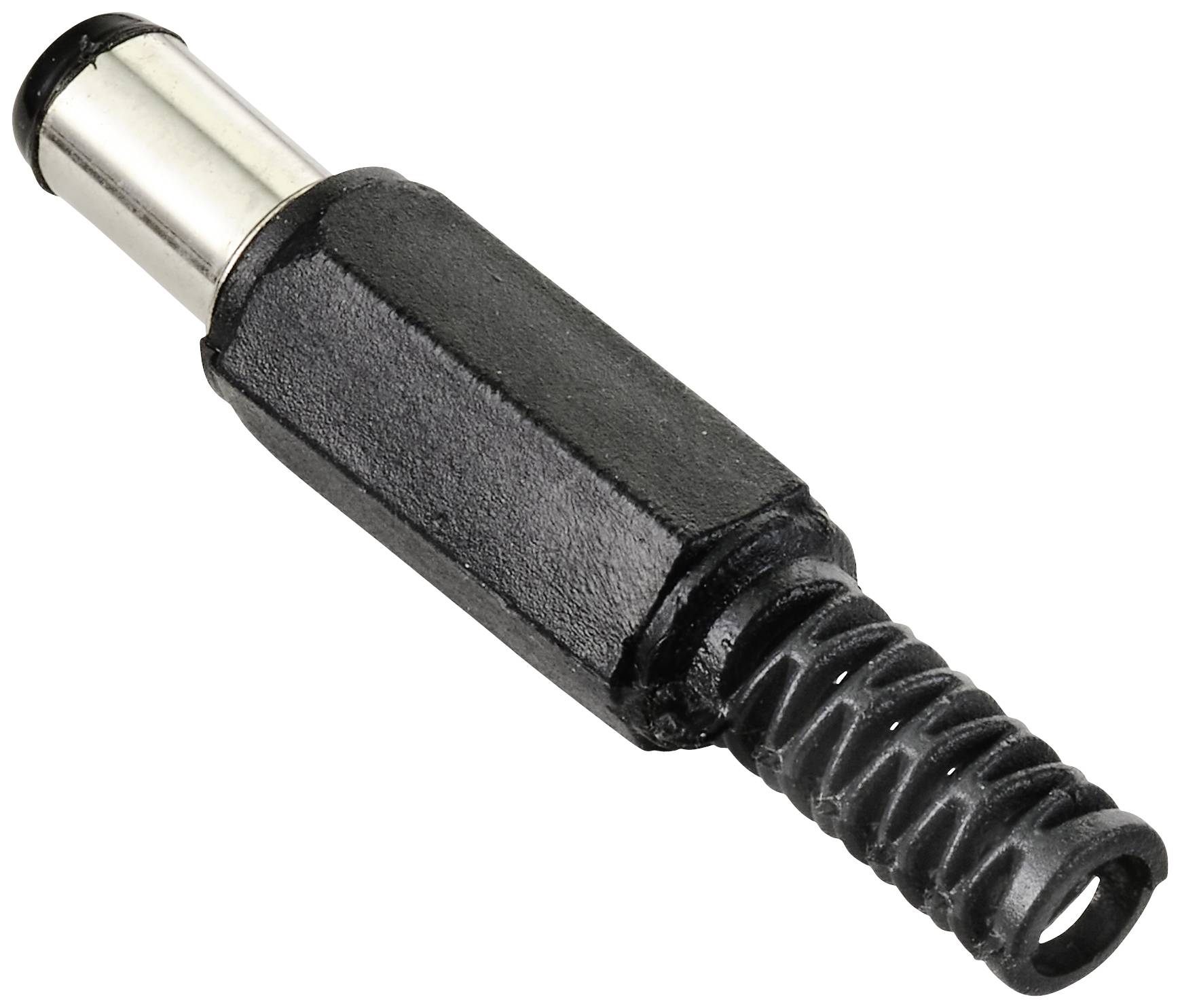 Černý elektrický jack konektor s kovovým hrotem a ochranou kabelu. Používá se pro audio připojení.