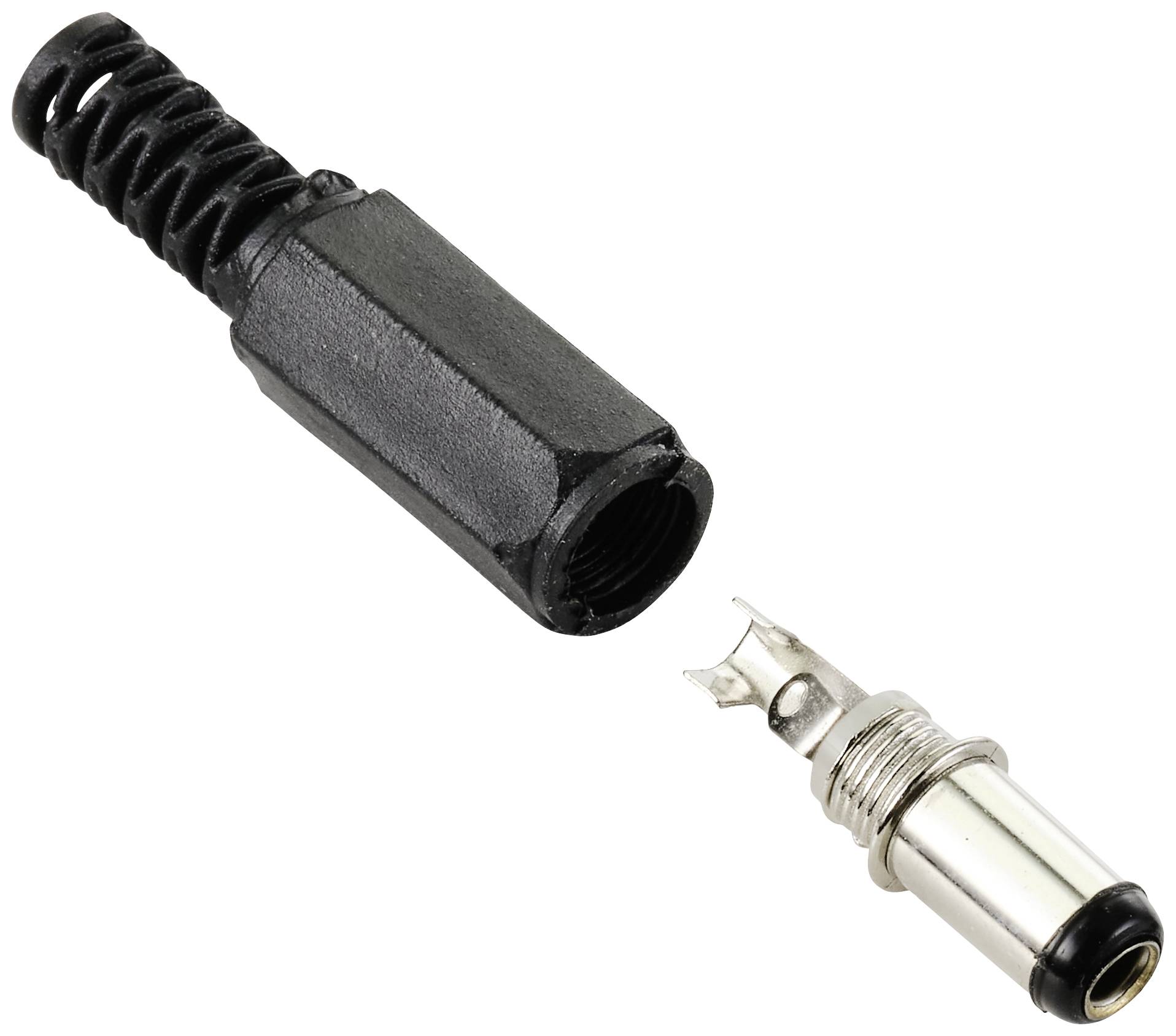 Rozložený jackov konektor: Černý plastový kryt vlevo, kovový hrot s kontakty vpravo. Používá se pro audio připojení.