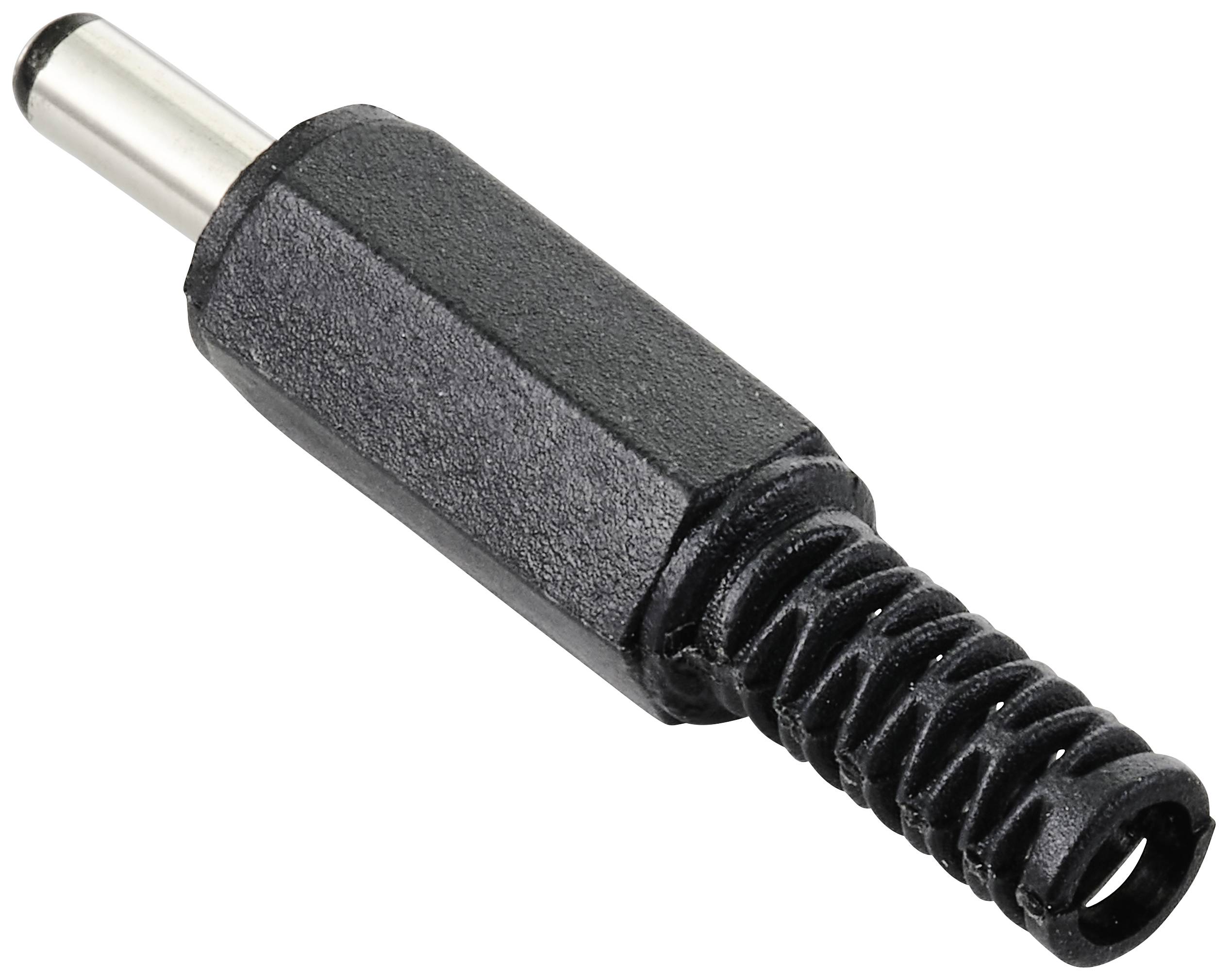 Černý válcovitý konektor, typicky používaný pro elektronická zařízení, ukazuje kovový hrot a izolovaný plášť.