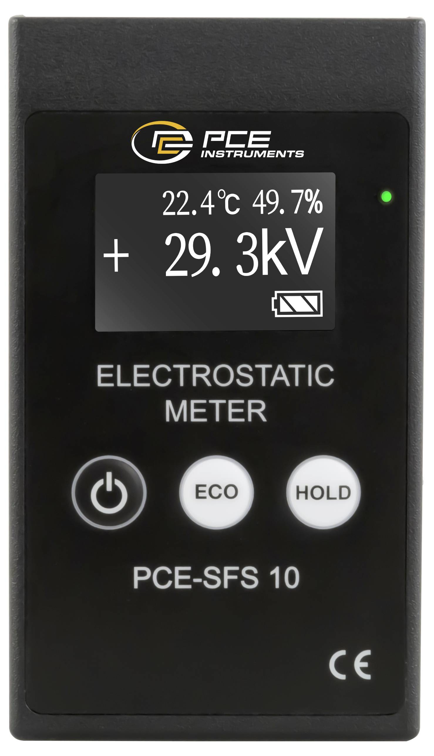 Přenosný elektrosta­tický měřič se zpraco­vaným displejem uka­zující +29,3 kV, 22,4 °C a 49,7 % rel­ativní vlhkosti vzduchu, označený PCE-SFS 10.