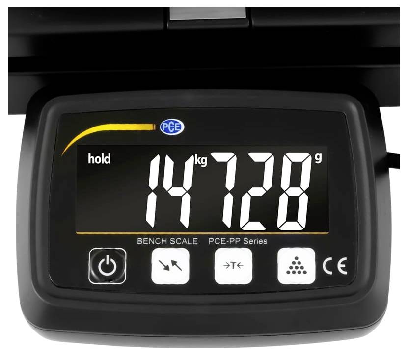 Digitální váhový displej ukazující 14,728 kg s indikátorem 'hold' a logem PCE.