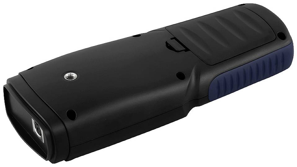 Černé přenosné zařízení s modrými úchyty a čočkou, pravděpodobně scanner nebo měřicí přístroj.