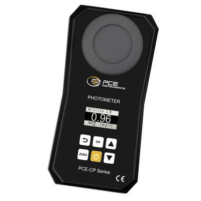 Přenosný fotometr PCE Instruments zobrazující čtení „Nitrit LR" 0,96 mg/l s ovládacími tlačítky a oknem senzoru.