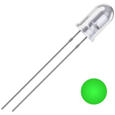 Zelená LED dioda s dvěma dlouhými, tenkými připojovacími vodiči, zobrazená vedle zeleného bodu, který ukazuje, že svítí.