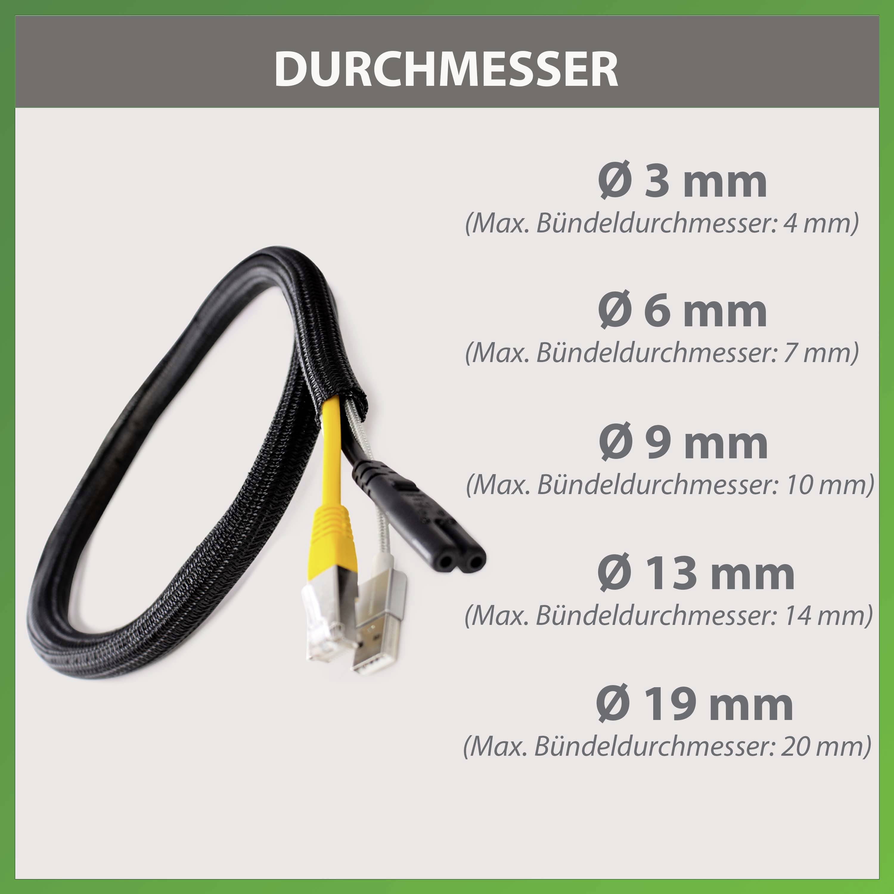 Kabel s černým opletením, možnosti průměru: 3 mm (maximálně 4 mm), 6 mm (maximálně 7 mm), 9 mm (maximálně 10 mm), 13 mm (maximálně 14 mm), 19 mm (maximálně 20 mm).