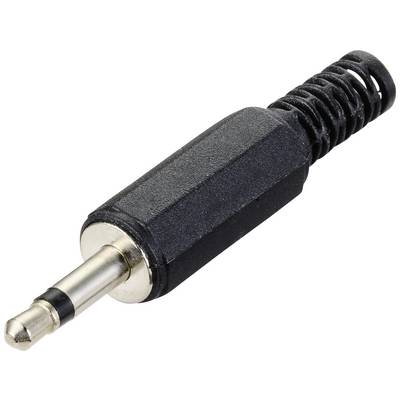 Černý 3,5mm stereo audiosport s kovovým hrotem a plastovou rukojetí na bílém pozadí. Vhodný pro sluchátka nebo reproduktory.