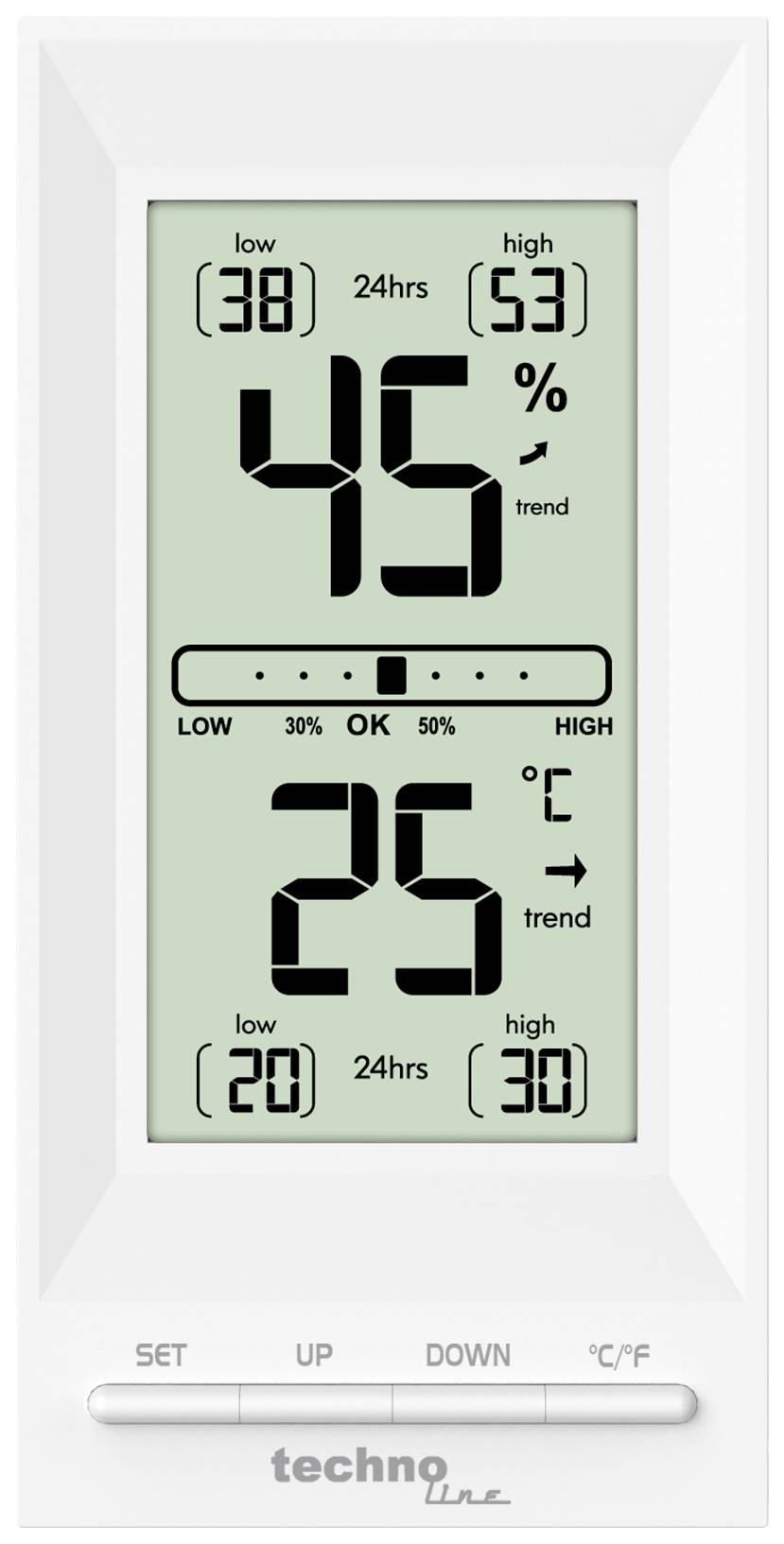 Digitální vlhkoměr a teploměr ukazuje 45% relativní vlhkosti a 25°C teploty, včetně minimálních a maximálních hodnot.