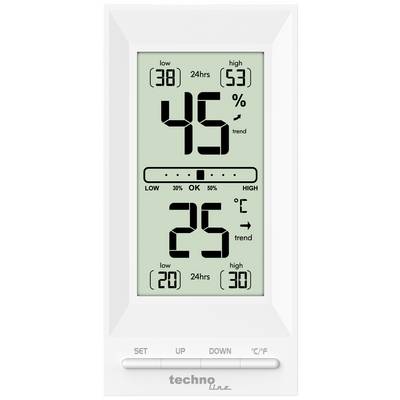 Digitální vlhkoměr a teploměr ukazuje 45% relativní vlhkosti a 25°C teploty, včetně minimálních a maximálních hodnot.